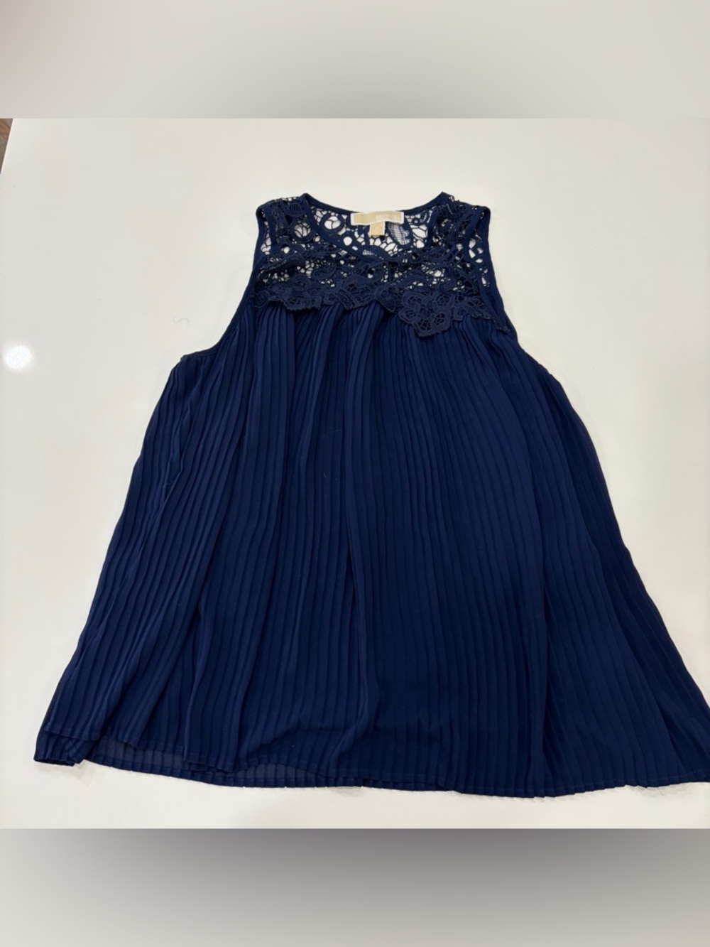 Michael Kors Medoum Navy Sleeveless Pleated Dress with Lace Yoke